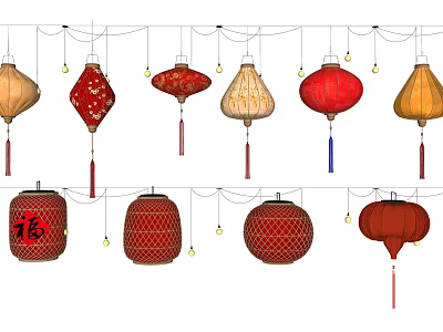 Traditional Colorful Chinese Lanterns With Various Designs Tassels And Small Lights 3d model