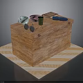Wooden Chest With White Mug Green Cup Sunglasses Book Blue Brush Pink Lid On Mat