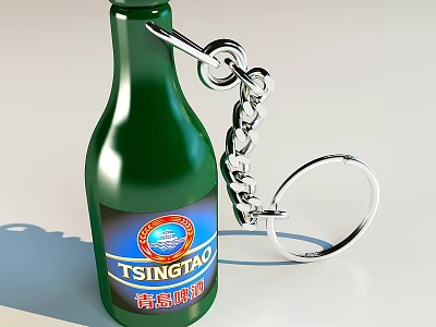 Silver Metal Keychain Jewelry Accessory Hanging On Green Tsingtao Beer Bottle 3d model