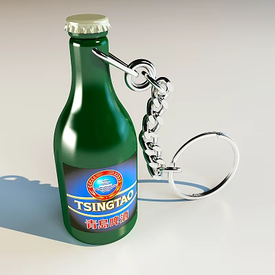 Silver Metal Keychain Jewelry Accessory Hanging On Green Tsingtao Beer Bottle 3d model