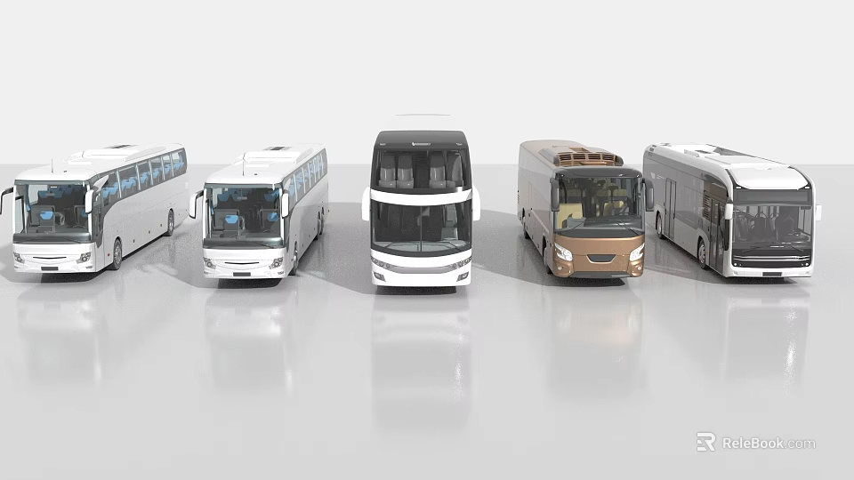 Different Types of Buses Displayed in Modern White Black and Brown Colors 3d model 