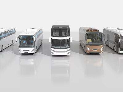 Different Types of Buses Displayed in Modern White Black and Brown Colors 3d model