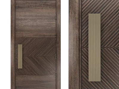 Solid Wood Hinged Door Design With Herringbone Pattern And Metal Handle 3d model