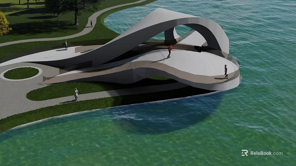 Modern Waterfront Landscape With Curved Architectural Structure Green Lawn And Pedestrian Path For Recreational Activities 3d model 