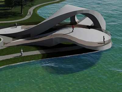 Modern Waterfront Landscape With Curved Architectural Structure Green Lawn And Pedestrian Path For Recreational Activities 3d model
