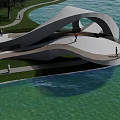 Modern Waterfront Landscape With Curved Architectural Structure Green Lawn And Pedestrian Path For Recreational Activities