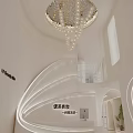Modern White Beauty Hair Salon With Curved Design Reception Desk And Display Shelves Lighting