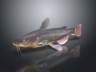 3D Rendered Catfish With Pink Fins And Whiskers On Dark Background Reflection 3d model