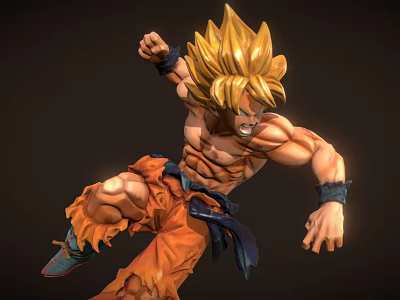 Super Saiyan Goku Action Figure With Golden Spiky Hair Orange Outfit Muscular Build Dynamic Fighting Pose 3d model
