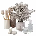 Stylish Decorative Accessories Set with Dried Flowers Green Plants Perfume Bottles Skincare Bottles and Vases