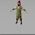 Medieval Male Character With Red Hat Beard Green Checkered Robe And Drum