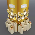 Comvita Product Display With Yellow Background Hexagon Shelves White Pillars And Flower Decorations