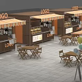 Food Stall Featuring Striped Awning Logo Display Case Menu Board Balloons Table And Chairs