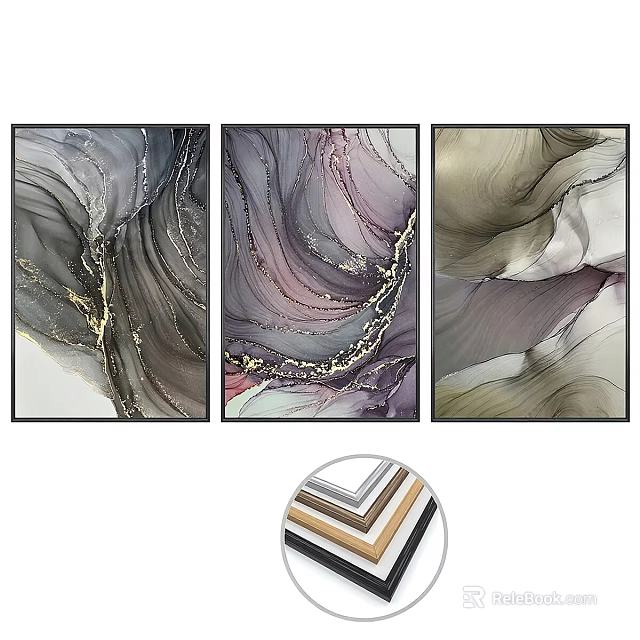 Abstract Paintings With Fluid Lines Gray Purple Beige And Gold Accents In Frames 3d model 