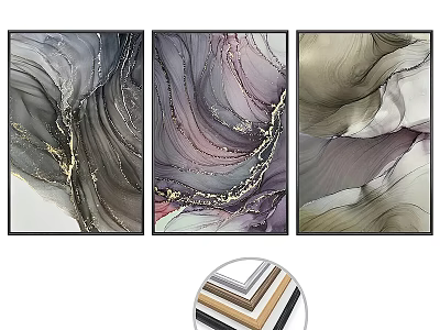 Abstract Paintings With Fluid Lines Gray Purple Beige And Gold Accents In Frames 3d model
