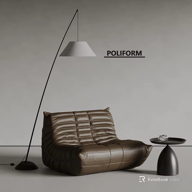 POLIFORM Brown Leather Single Sofa with Floor Lamp and Small Round Table in Modern Interior 3d model 