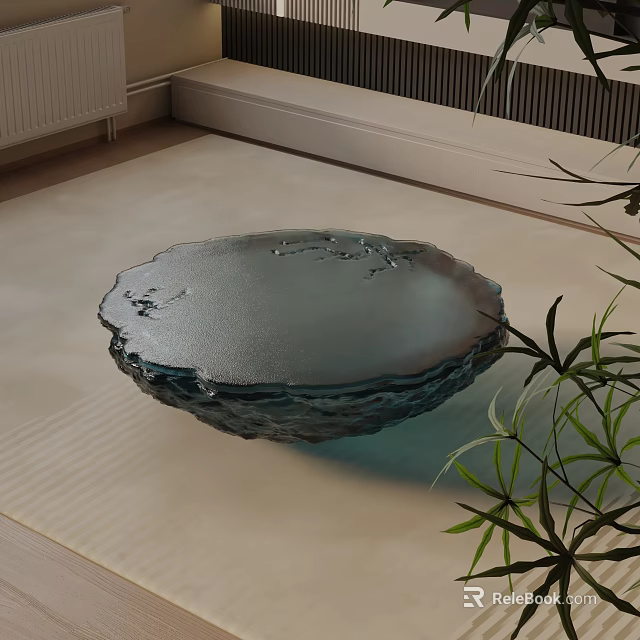 Modern Sofa And Coffee Table Set With Round Blue Textured Glass Top And Green Plant 3d model 
