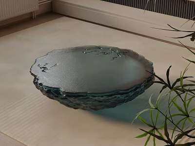 Modern Sofa And Coffee Table Set With Round Blue Textured Glass Top And Green Plant 3d model