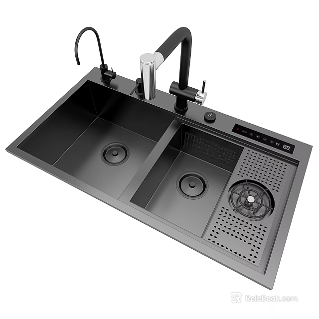 Modern Kitchen Faucet With Stainless Steel Double Bowl Sink And Drainer 3d model 