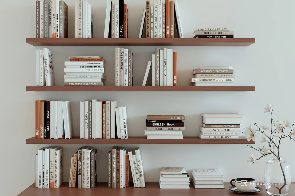 Neatly Stacked Books and Magazines on Wooden Shelves Interior 3d model 