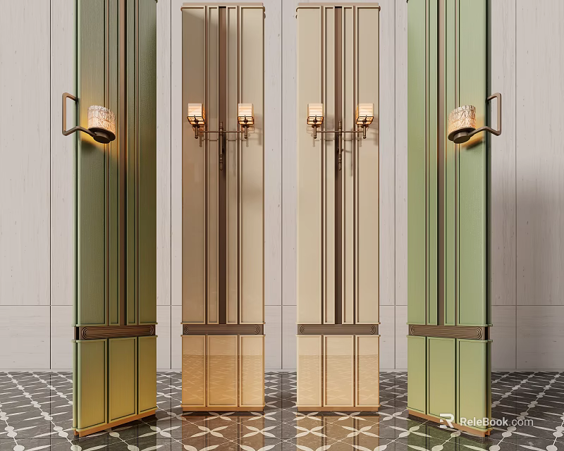 Modern Elegant Screen With Green Gold Frame And Lighting In Patterned Tile Room 3d model 