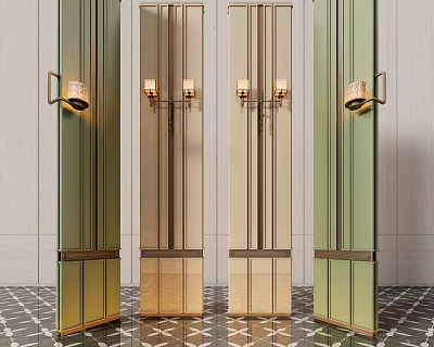 Modern Elegant Screen With Green Gold Frame And Lighting In Patterned Tile Room 3d model