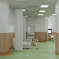 Spacious Hospital Ward Featuring Green Floor White Columns Ceiling Lights And Beds