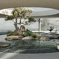 Shopping Mall Lobby With Circular Skylight Central Water Feature Stone And Tree Natural Landscape View