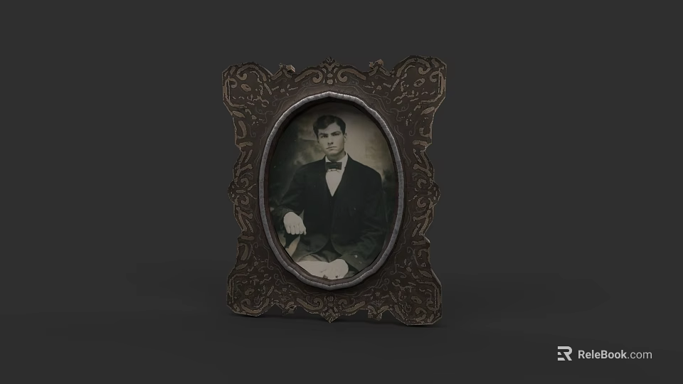 Photo Wall With Vintage Carved Oval Frame Black And White Man Portrait In Suit 3d model 