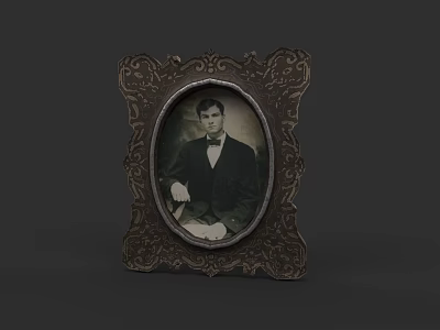Photo Wall With Vintage Carved Oval Frame Black And White Man Portrait In Suit 3d model