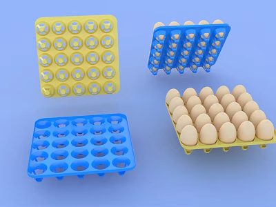 Yellow And Blue Plastic Egg Cartons Holding Brown Eggs And Empty Trays 3d model