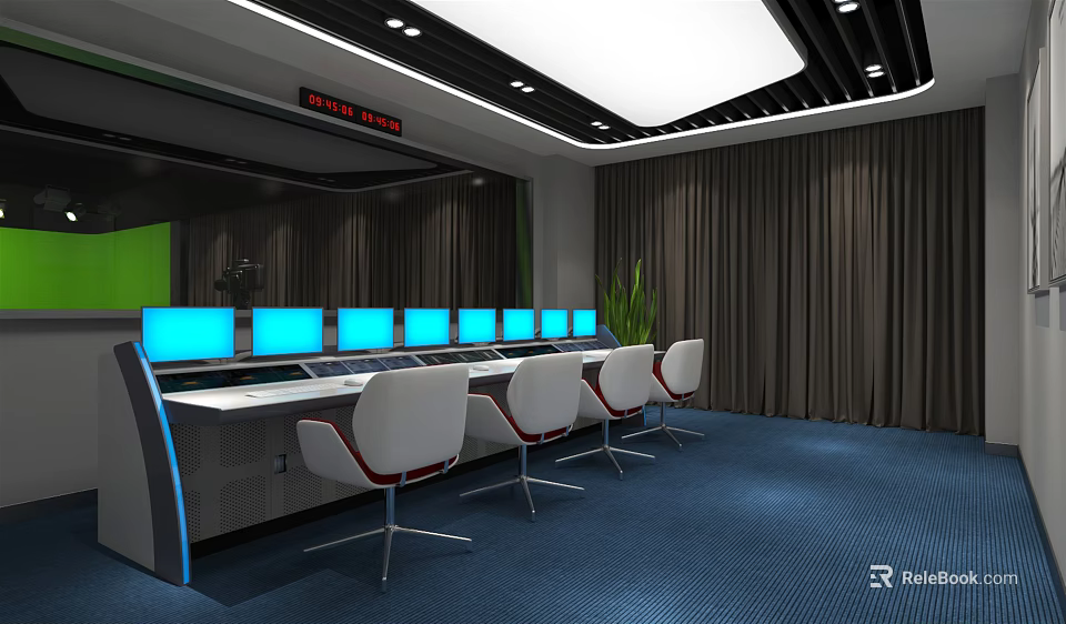 Modern Monitoring Room Interior with Multiple Blue Screens and White Chairs 3d model 
