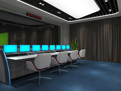 Modern Monitoring Room Interior with Multiple Blue Screens and White Chairs 3d model