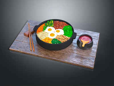Traditional Bibimbap in Stone Bowl with Fresh Vegetables Eggs Meat Chopsticks and Sauce 3d model