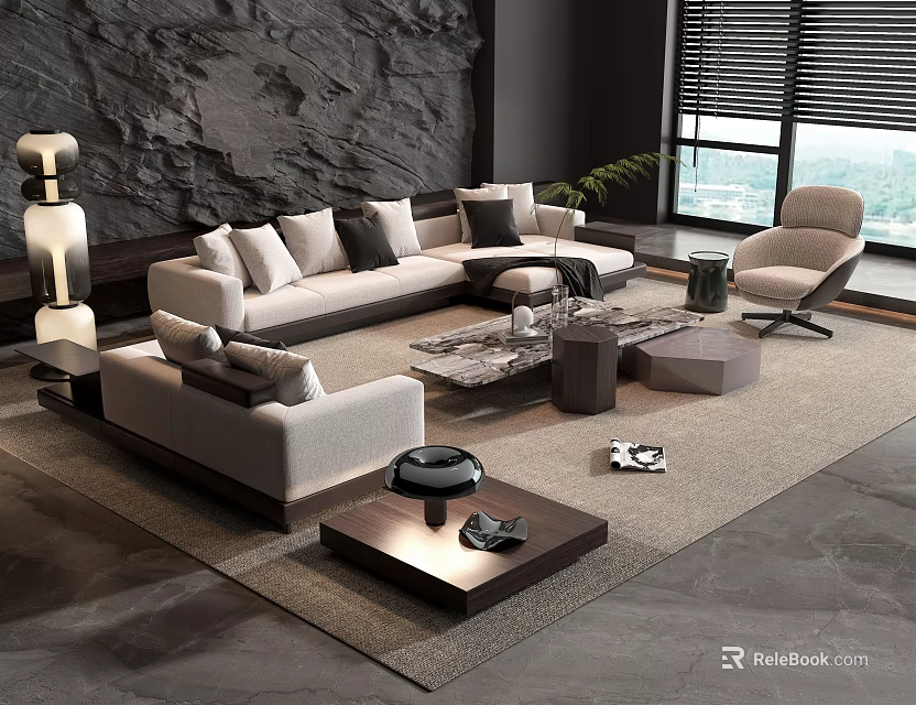 Modern Living Room Interior Sofa and Coffee Table Set with Comfortable Cushions and Accent Chair 3d model 