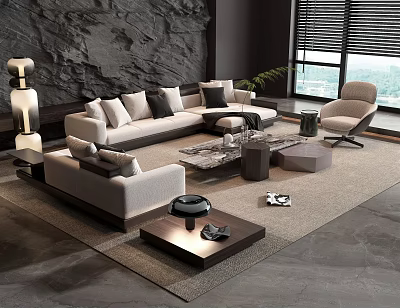 Modern Living Room Interior Sofa and Coffee Table Set with Comfortable Cushions and Accent Chair 3d model