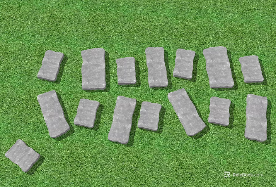 Gray Stepping Stones Arranged On Lush Green Grass Garden Pathway 3d model 