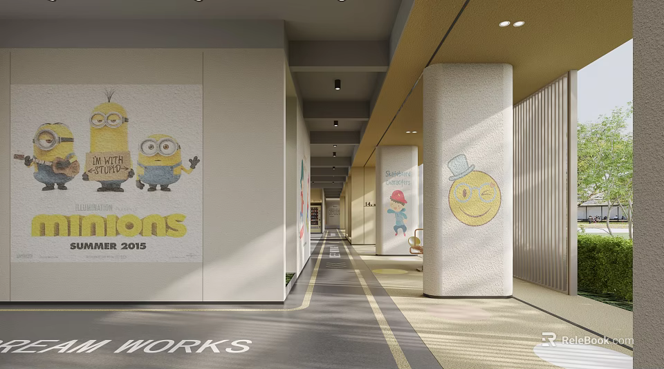 Colorful Corridor With Minions Posters Smiley Face Ice Cream Cone Summer 2019 Decorations 3d model 