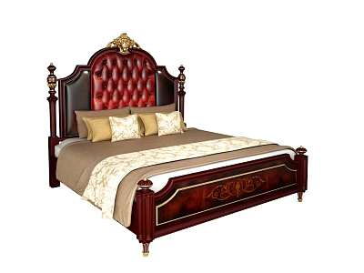 Classic European Style Double Bed With Tufted Red Headboard And Gold Carved Accents 3d model