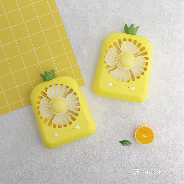 Pineapple Shaped Yellow Air Cooler Fans with Orange Slice and Green Leaf on Yellow Grid 3d model 