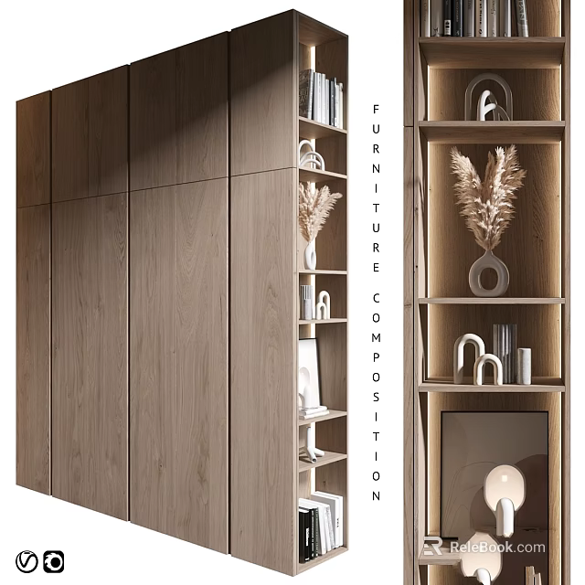 Modern Wooden Furniture Composition With Shelves Decorations Books And Lighting 3d model 