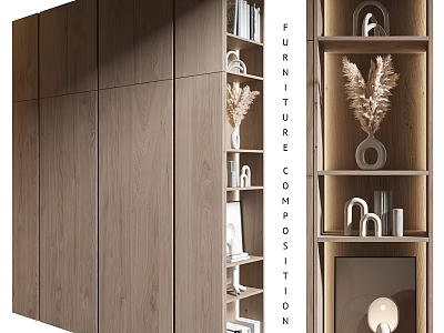 Modern Wooden Furniture Composition With Shelves Decorations Books And Lighting 3d model