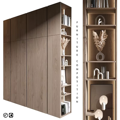 Modern Wooden Furniture Composition With Shelves Decorations Books And Lighting 3d model