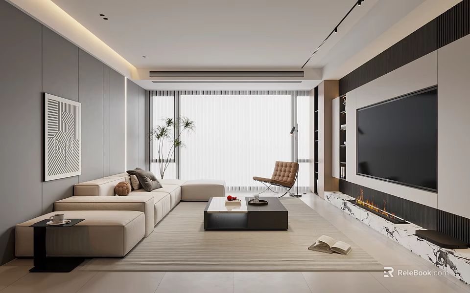 Modern Living Room Interior With Beige Sofa Coffee Table Armchair TV Fireplace And Window Blinds 3d model 