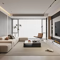 Modern Living Room Interior With Beige Sofa Coffee Table Armchair TV Fireplace And Window Blinds