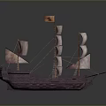 Detailed Sailing Ship Model With Multiple White Sails Wooden Hull And Pirate Flag