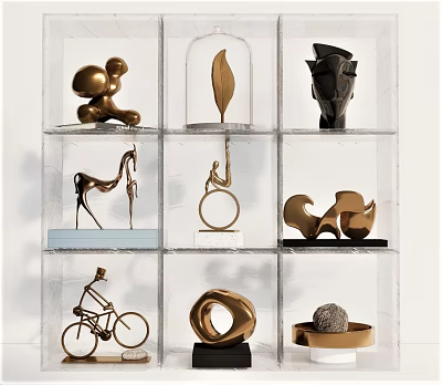 Modern Artistic Decorative Ornament Set with Varied Designs on Transparent Display Shelf 3d model