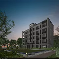 Modern Multi Story Residential Building Surrounded By Lush Greenery And Garden Space