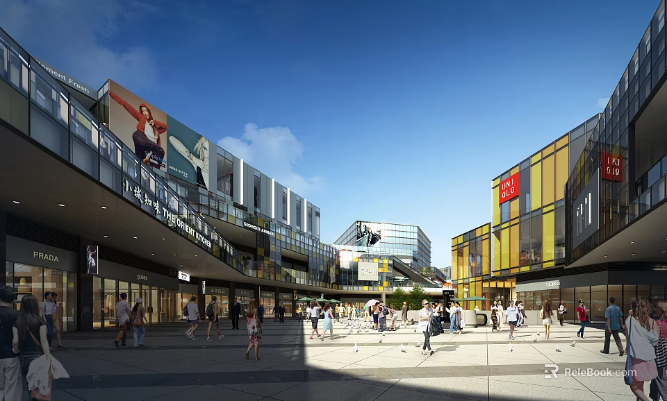 Vibrant Commercial Street With Colorful Buildings Pedestrians Billboards And Outdoor Square 3d model 