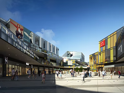 Vibrant Commercial Street With Colorful Buildings Pedestrians Billboards And Outdoor Square 3d model
